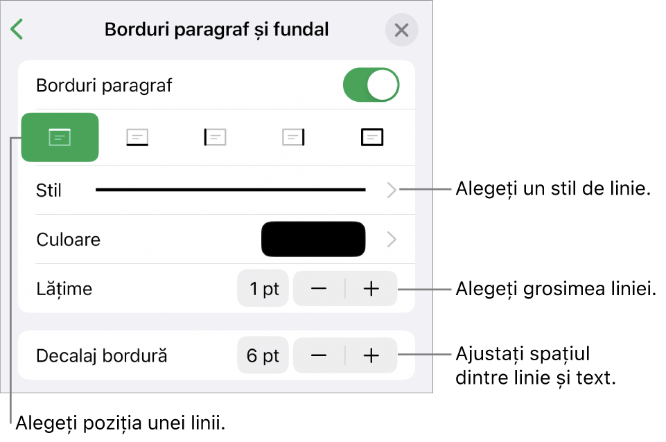 Comenzile pentru schimbarea stilului, grosimii, poziției și culorii liniei.