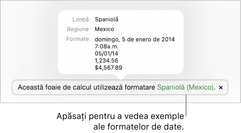 Notificarea privind configurarea limbii și regiunii diferite, afișând exemple de formatare în limba și regiunea respectivă.