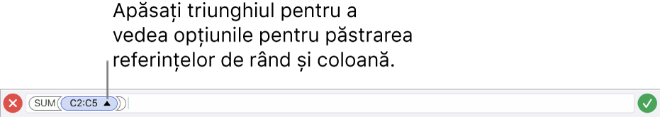 Editorul de formule arătând cum să păstrați referințele la rânduri și coloane atunci când celula este copiată sau mutată.