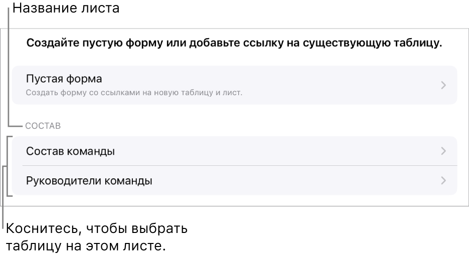 Список таблиц, расположенных в одной таблице. Вверху находится кнопка создания пустой формы.