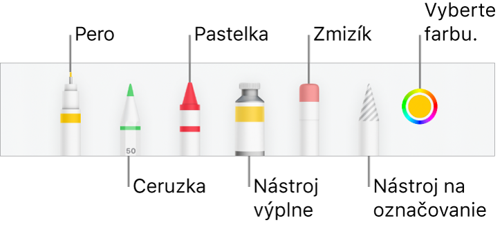 Panel s nástrojmi kreslenia v Numbers na iPhone s perom, ceruzkou, pastelkou, výplňou, zmizíkom, nástrojom výberu a vzorkovníkom farieb zobrazujúcim aktuálnu farbu.