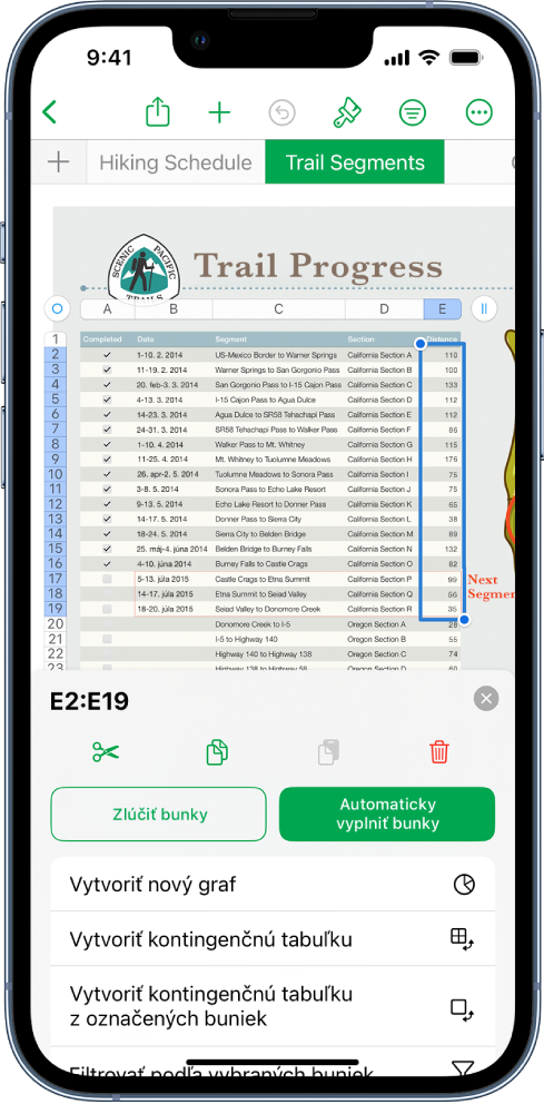 Tabuľkový hárok zobrazujúci tabuľku turistických chodníkov a vzdialenosť každej trasy. Otvorené je menu Akcia bunky, ktoré zobrazuje možnosti na pridanie dnešného dátumu, aktuálneho času a úpravu vzorca vo vybranej bunke.