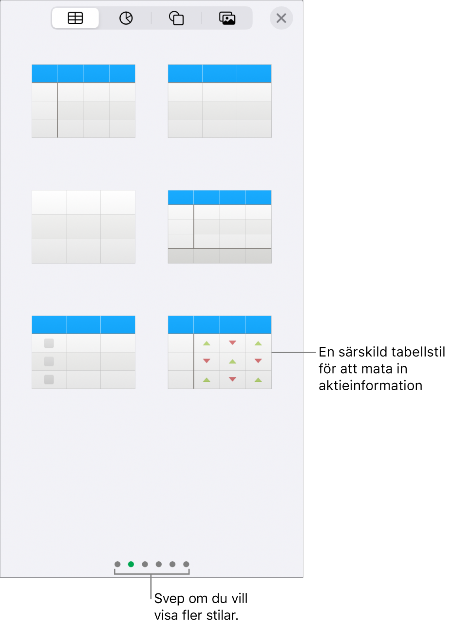 Miniatyrer på de tabellstilar som finns med en särskild stil för att mata in aktieinformation i nedre högra hörnet. Längst ned visas sex punkter vilket betyder att du kan visa fler stilar genom att svepa.