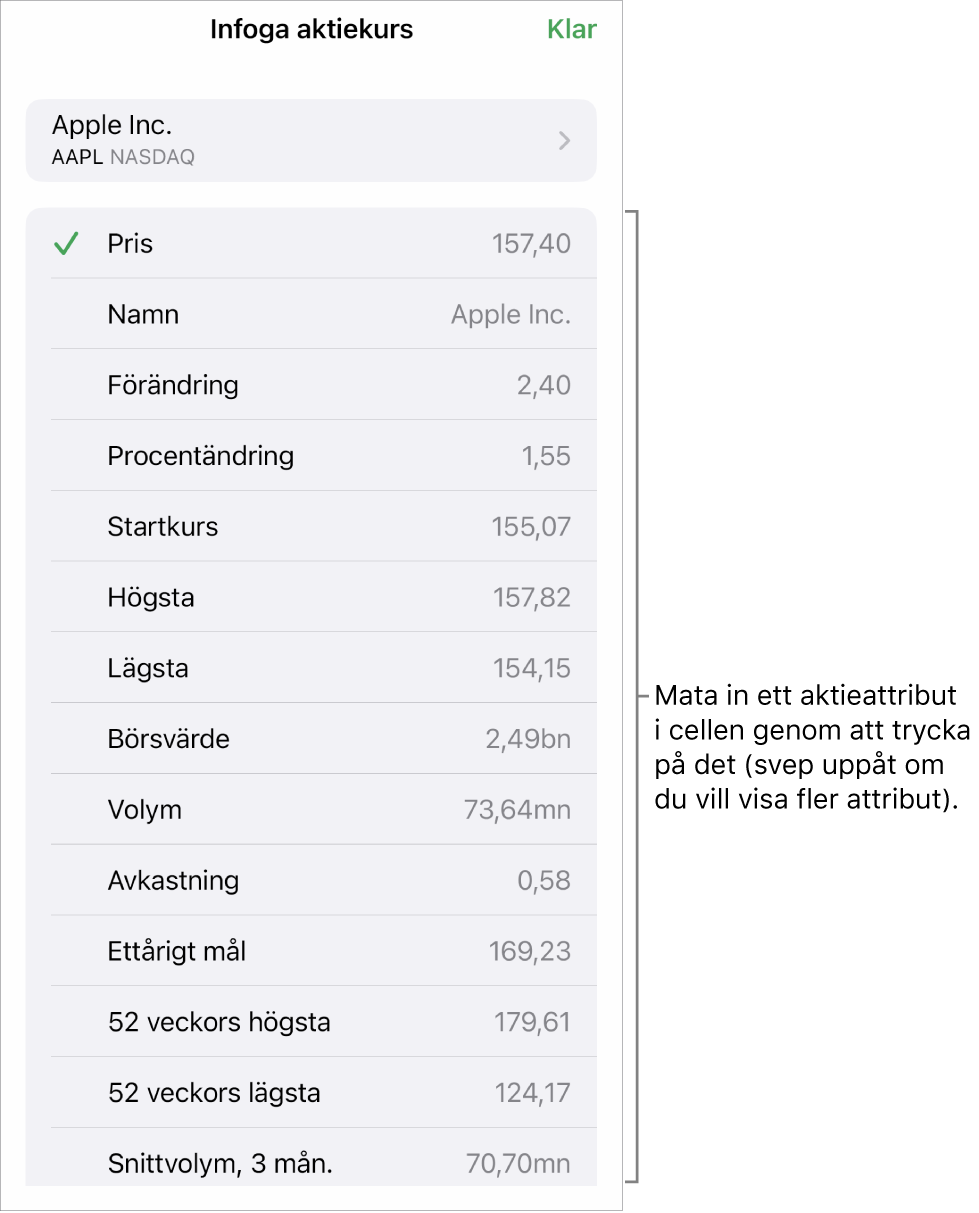 Popovern för aktiekurs med aktienamnet högst upp och valbara aktieattribut, bland annat pris, namn, ändring, procentändring och startkurs, i en lista nedanför.