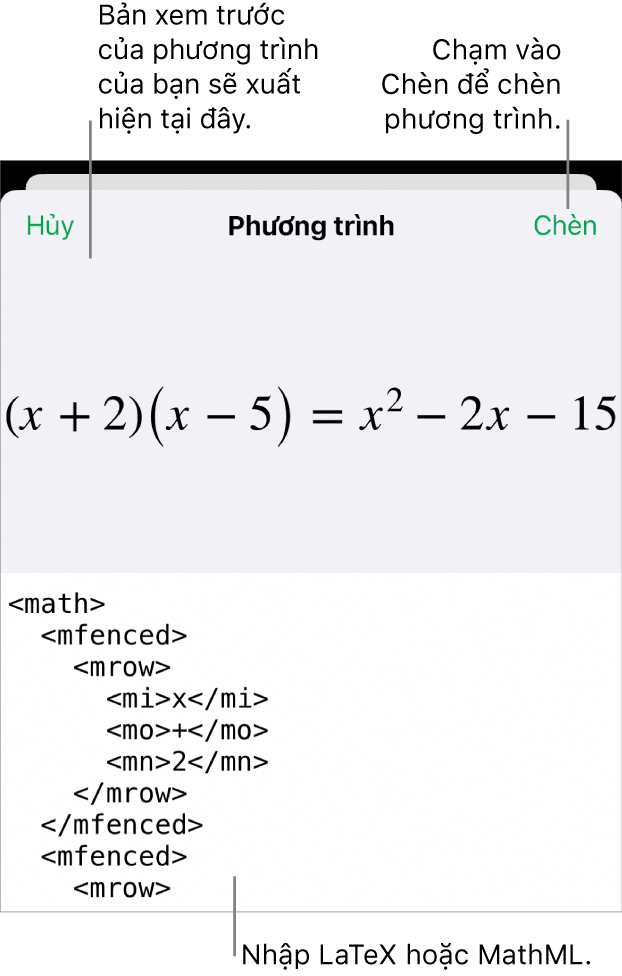 Hộp thoại Phương trình, đang hiển thị phương trình được viết bằng các lệnh MathML và bản xem trước của công thức ở bên trên.
