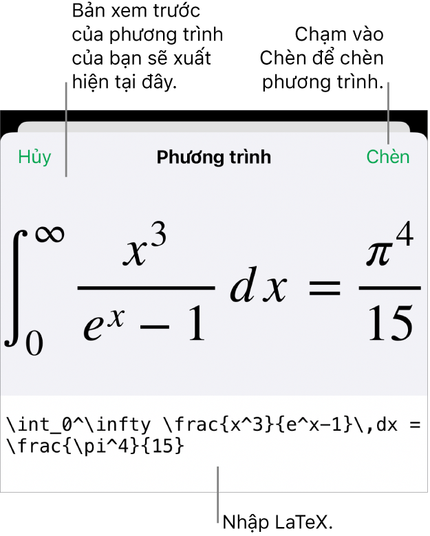 Hộp thoại Phương trình, đang hiển thị phương trình được viết bằng các lệnh LaTex và bản xem trước của công thức ở bên trên.