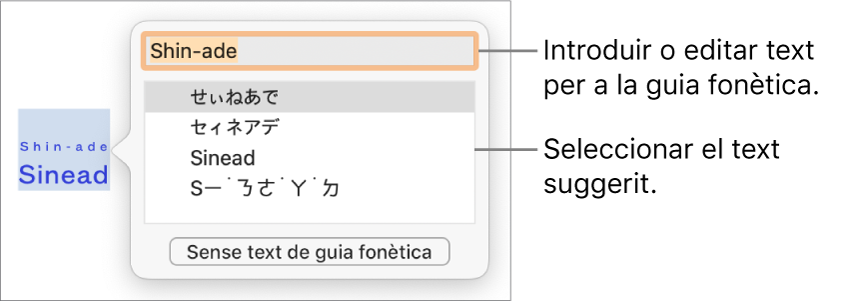 La guia fonètica, oberta per a una paraula, amb llegendes per al camp de text i el text suggerit.