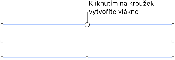 Prázdný textový rámeček s bílým kroužkem v horní části a úchyty pro nastavení velikosti v rozích, na stranách a ve spodní části