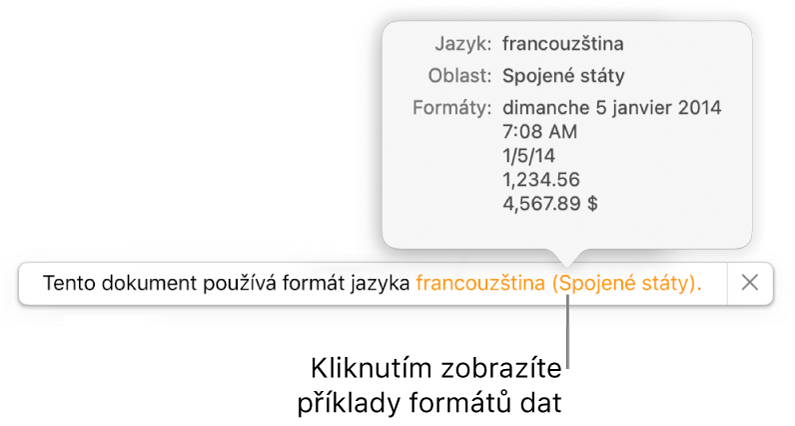 Upozornění na odlišné nastavení jazyka a oblasti s ukázkami formátování pro daný jazyk a oblast