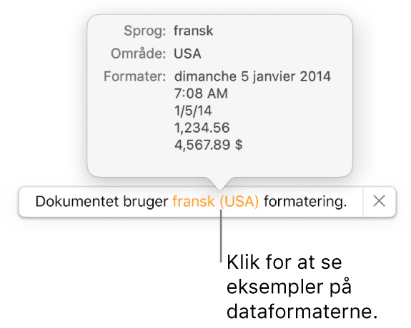 Notifikationen om de forskellige indstillinger af sprog og område, der viser eksempler på den formatering, som hører til sproget og området.