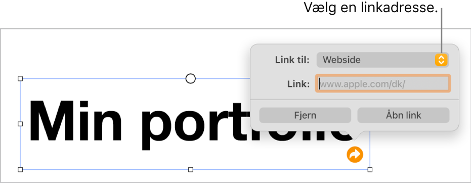 Webside er valgt i betjeningsmulighederne til linkredigering, og nederst er knapperne Fjern og Åbn link.