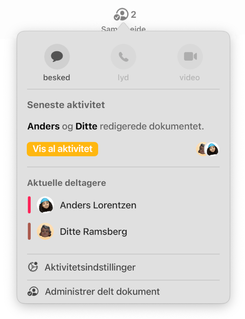 Samarbejdsmenuen, der viser navnene på de personer, der samarbejder om dokumentet.
