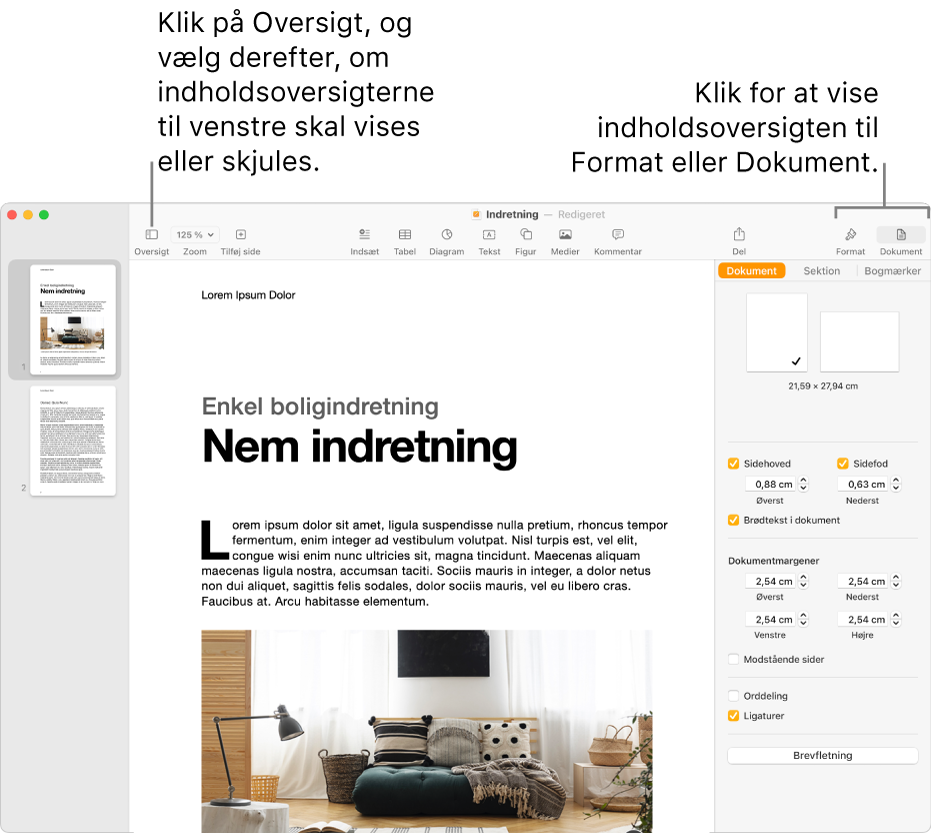 Pages-vinduet med billedforklaringer til knappen Oversigt og knapperne Format og Dokument på værktøjslinjen. Åbne indholdsoversigter til venstre og højre.