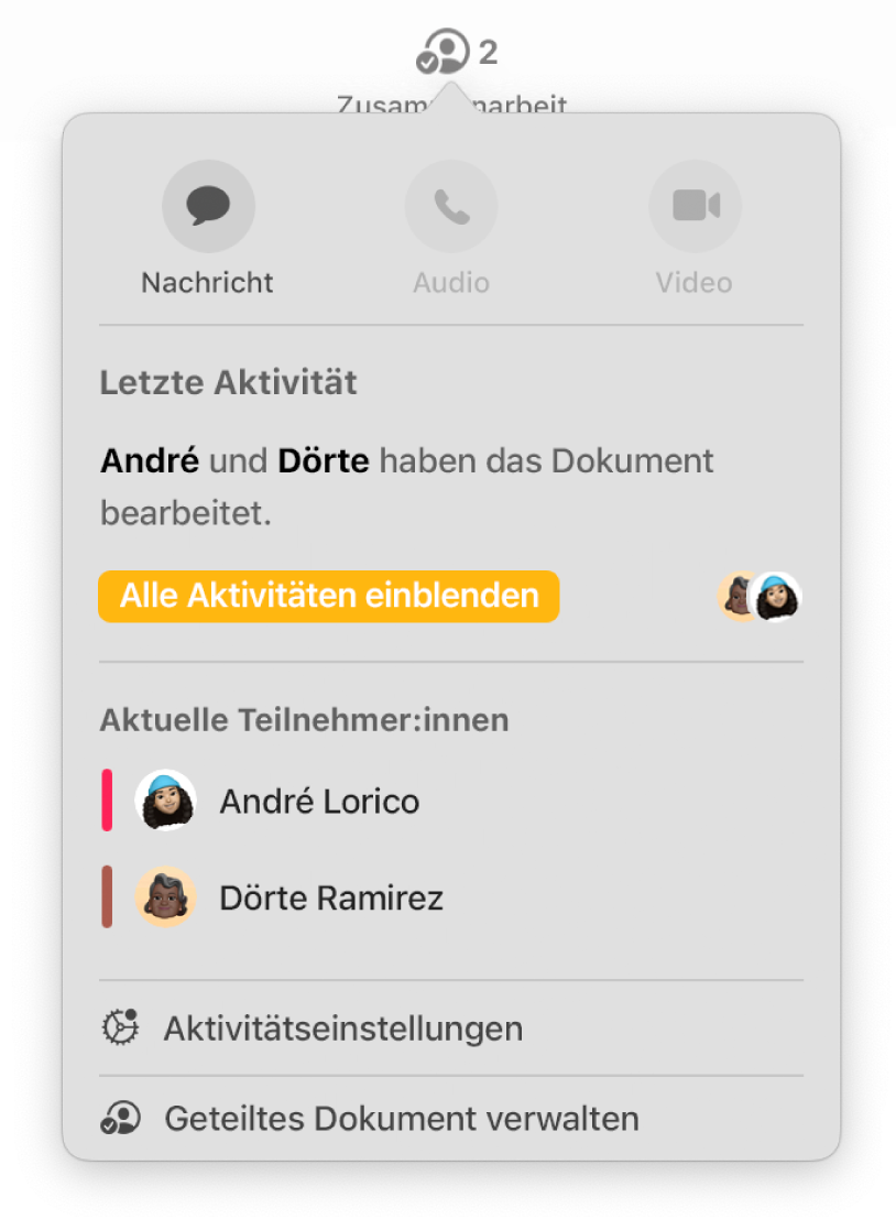 Das Menü für die Zusammenarbeit mit den Namen von Personen, die gemeinsam ein Dokument bearbeiten.