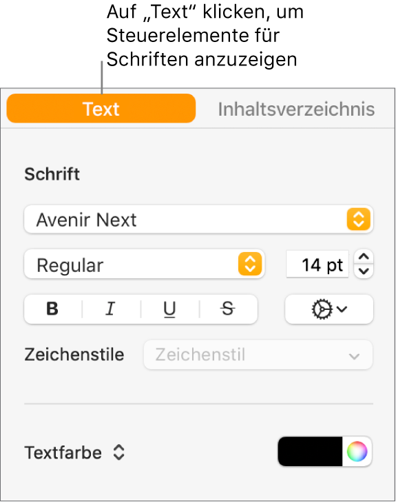 Die Seitenleiste „Format“ mit dem ausgewählten Tab „Text“ und Steuerelementen für die Schrift zum Ändern von Schrift und Schriftgröße sowie zum Hinzufügen von Zeichenstilen