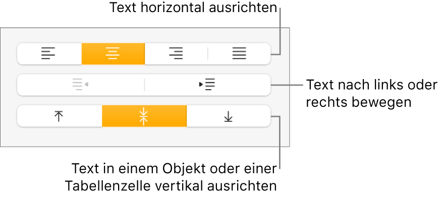 Der Abschnitt „Ausrichtung“ in der Seitenleiste „Format“ mit Tasten zur horizontalen und vertikalen Ausrichtung und zum Bewegen des Texts nach links oder rechts