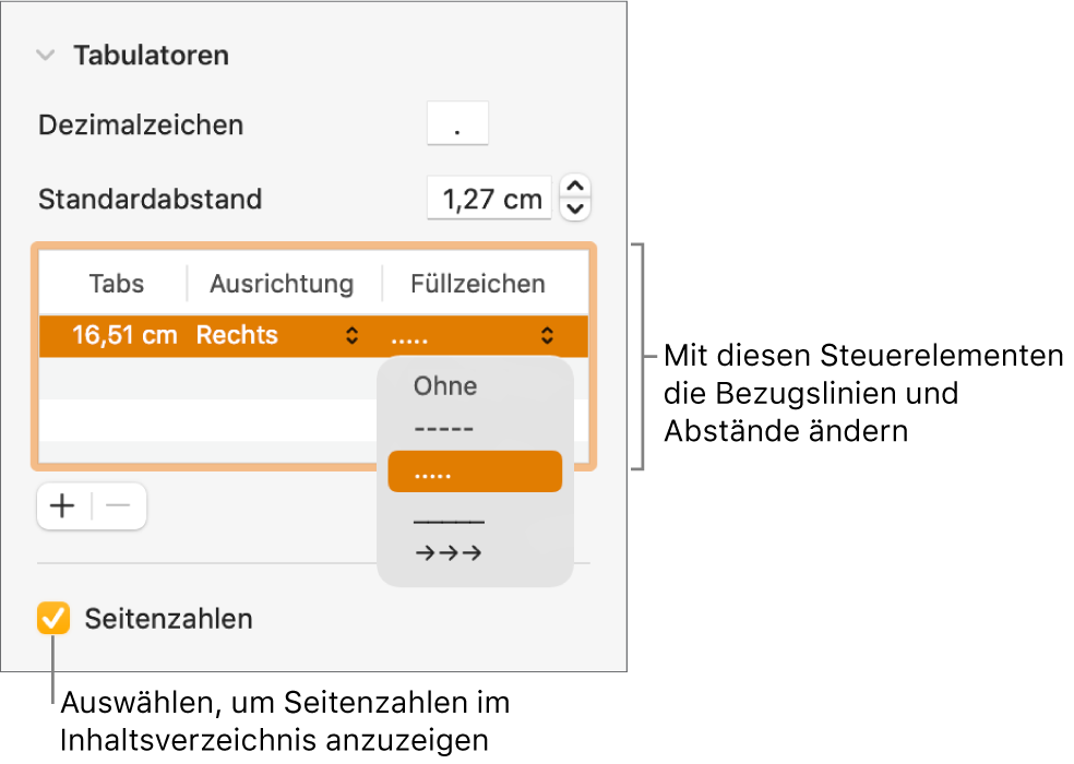 Der Abschnitt „Tabulatoren“ der Seitenleiste „Format“. Unterhalb des Bereichs „Standardabstand“ ist eine Tabelle mit den Spalten „Tabs“, „Ausrichtung“ und „Füllzeichen“ zu sehen. Unter der Tabelle wird das Feld „Seitenzahlen“ angezeigt, das hier ausgewählt ist.