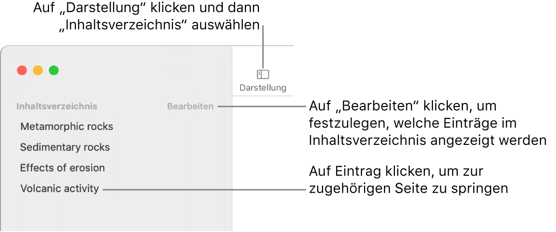 Das Inhaltsverzeichnis links im Fenster „Pages“ mit der Taste „Bearbeiten“ in der oberen rechten Ecke der Seitenleiste und dem Inhaltsverzeichnis in Listenform. Die Taste „Darstellung“ befindet sich über der Seitenleiste in der linken oberen Ecke der Pages-Symbolleiste.