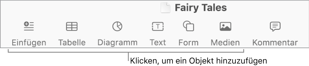 Die Pages-Symbolleiste mit den Tasten „Einfügen“, „Tabelle“, „Diagramm“, „Text“, „Form“ und „Medien“