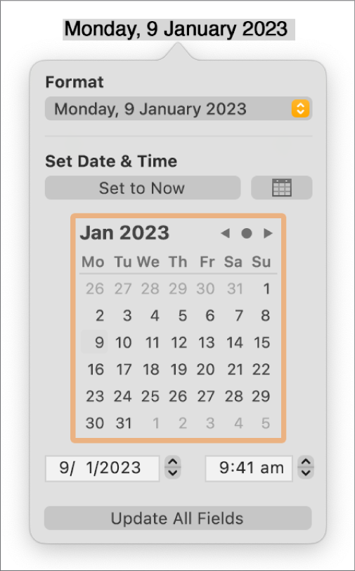 The Date & Time controls showing a pop-up menu for Format, and the Set Date & Time controls.