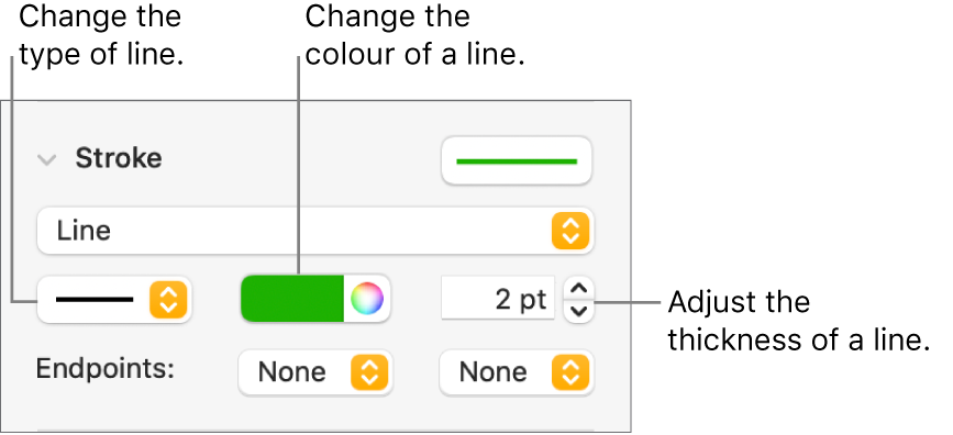The stroke controls for setting end points, line thickness and colour.
