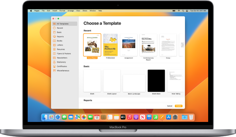 A MacBook Pro with the Pages template chooser open on the screen. The All Templates category is selected on the left and pre-designed templates appear on the right in rows by category.