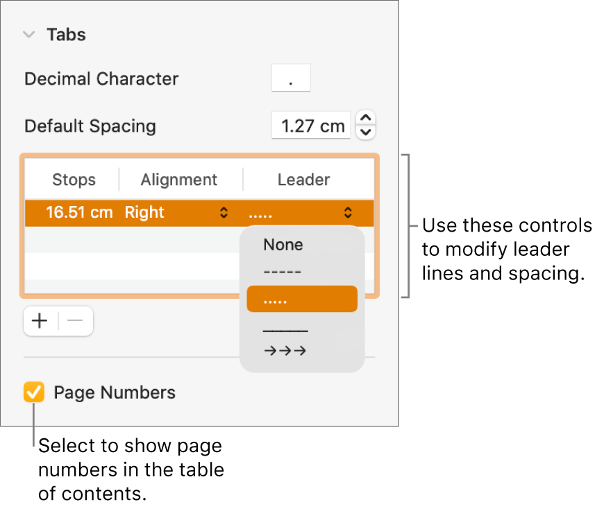 The Tabs section of the Format sidebar. Below Default Spacing is a table with Stops, Alignment and Leader columns. A Page Numbers tick box appears selected and appears below the table.