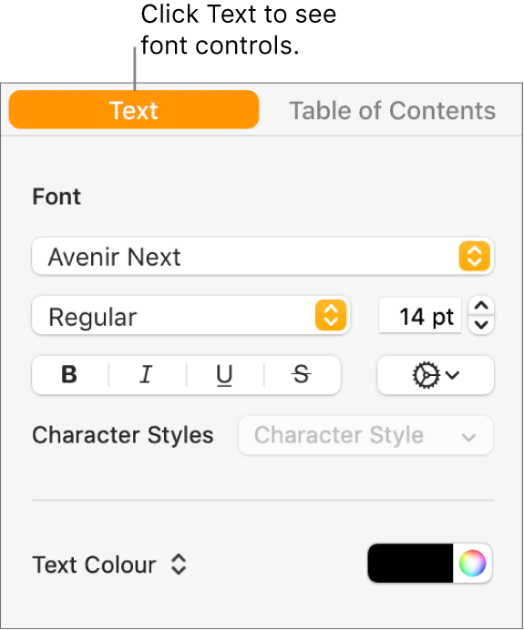 The Format sidebar with the Text tab selected and font controls for changing the font, font size and adding character styles.