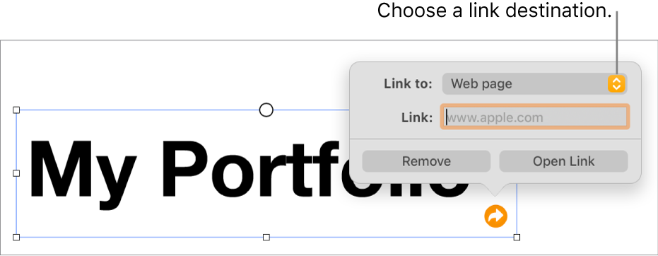 The link editor controls with Web Page selected and the Remove and Open Link buttons at the bottom.