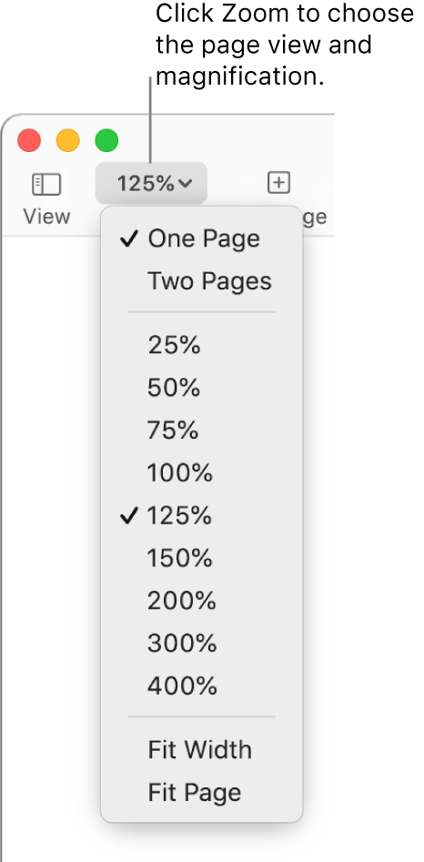 The Zoom pop-up menu with options to view one page and two pages at the top, percentages ranging from 25% to 400% below, and Fit Width and Fit Page at the bottom.