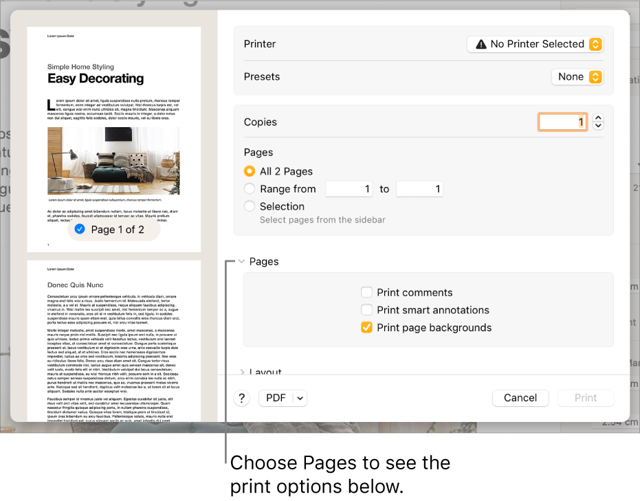 Print dialogue with controls for printer, presets, copies and page range. Pages is selected in the pop-up menu below the settings for page range, followed by tickboxes to print comments, print smart annotations and print page backgrounds.
