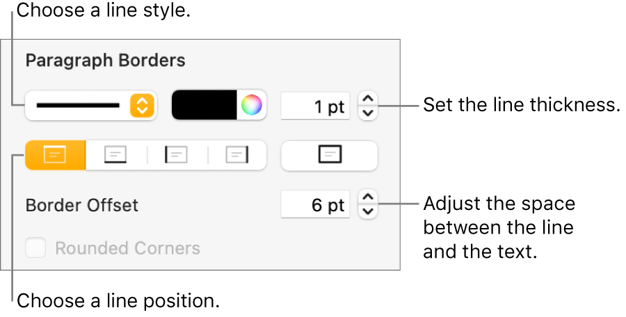 Controls to change the line style, thickness, position, and color.