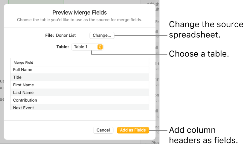 Preview Merge Fields pane open, with options to change the source file or table, preview the merge field names, or add the column headers as fields.
