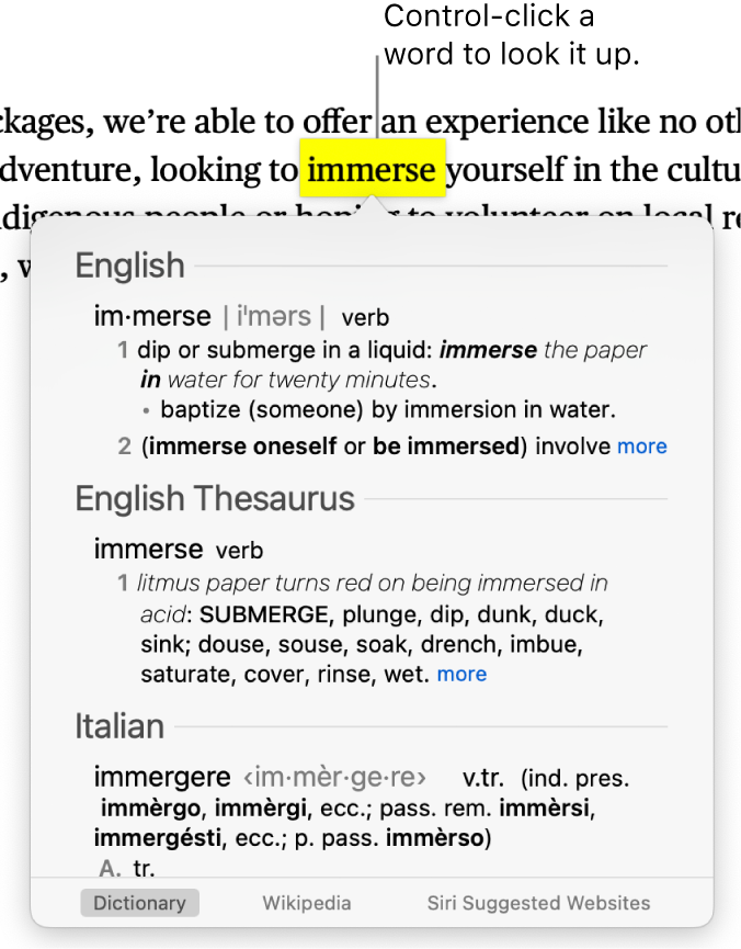 A paragraph with a word highlighted and a window showing its definition and a thesaurus entry. Buttons at the bottom of the window provide links to the dictionary, Wikipedia, and Siri suggested websites.