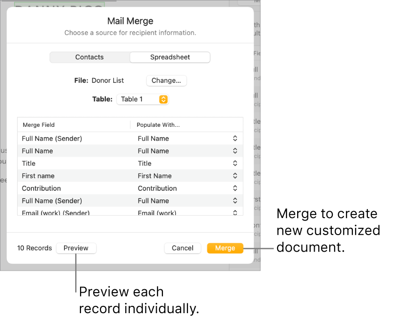Mail Merge pane open, with options to change the source file or table, preview the merge field names or individual records, or merge the document.