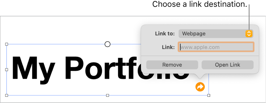 The link editor controls with Webpage selected, and the Remove and Open Link buttons at the bottom.