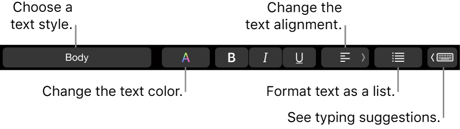 The MacBook Pro Touch Bar with controls for choosing a text style, changing the text color, changing the text alignment, formatting text as a list, and showing typing suggestions.
