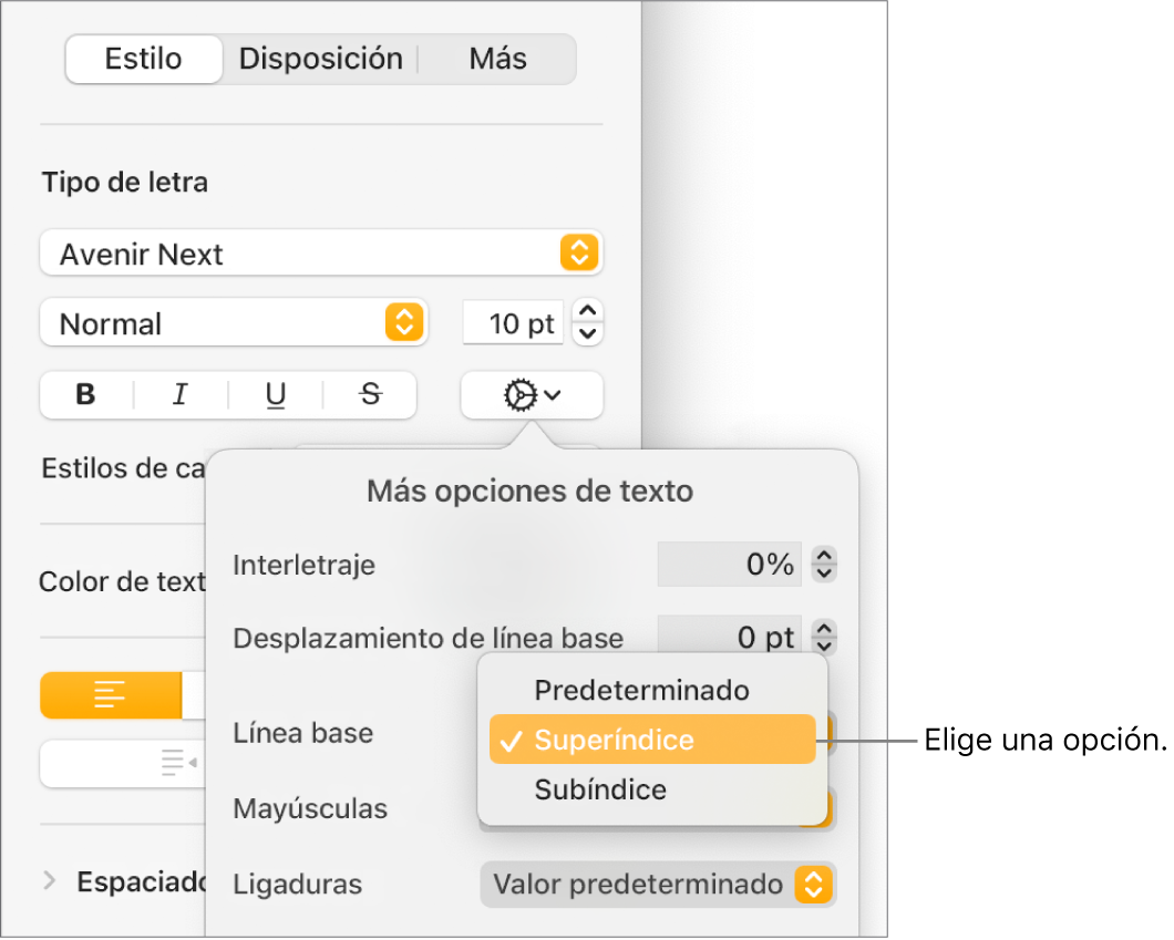 El menú Opciones avanzadas con el menú desplegable Línea base abierto y mostrando los elementos de menú Predeterminada, Superíndice y Subíndice.