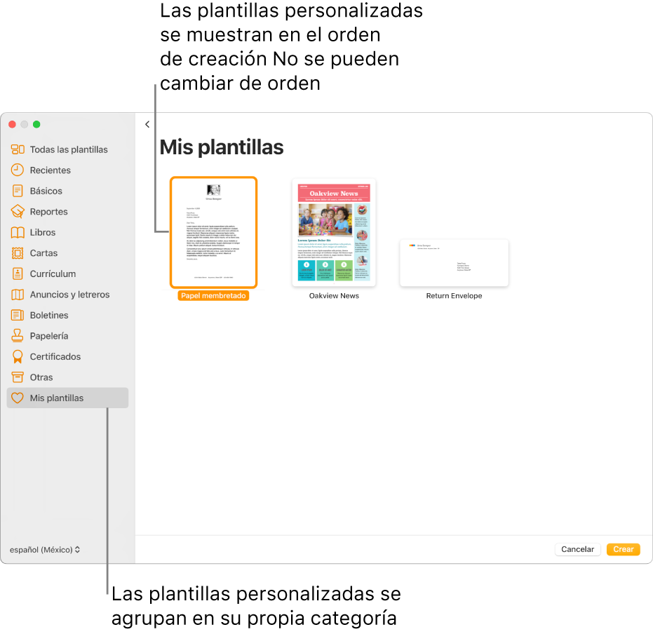 El selector de plantilla con la categoría Mis plantillas como la última categoría a la izquierda. Las plantillas personalizadas se muestran en el orden en el que se crearon y no se pueden reorganizar.