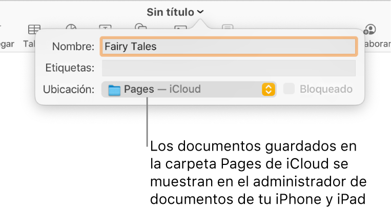 El cuadro de diálogo Guardar de un documento abierto, y en el menú desplegable Dónde se indica Pages — iCloud.