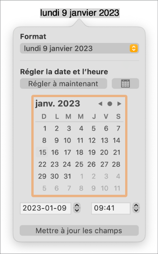 Les commandes Date et heure affichant le menu contextuel Format, ainsi que les commandes Régler la date et l’heure.