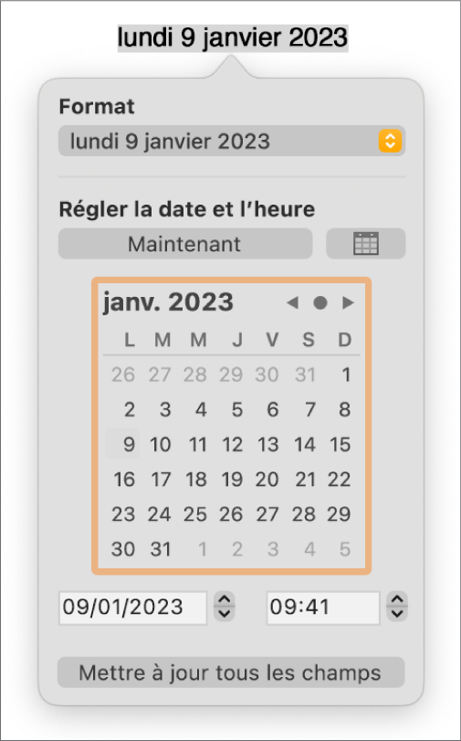 Les commandes Date et heure affichant un menu local pour le format, ainsi que des commandes Régler la date et l’heure.
