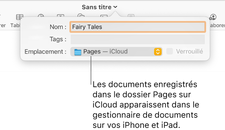 Zone de dialogue d’enregistrement d’un document avec Pages (iCloud dans le menu local Emplacement).