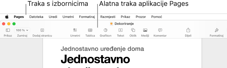 Traka izbornika na vrhu zaslona s izbornicima Apple, Pages, Datoteka, Uredi, Unesi, Formatiraj, Razmjesti, Prikaz, Prozor i Pomoć. Ispod trake izbornika nalazi se otvoreni dokument aplikacije Pages s tipkama alatne trake preko vrha za opcije Prikaz, Zumiraj, Dodaj stranicu, Unesi, Tablica, Grafikon, Tekst, Oblik, Mediji, Komentar, Dijeli i Format.