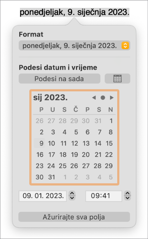 Kontrole za Datum i vrijeme koje prikazuju skočni izbornik za format i kontrole Podesi datum i vrijeme.