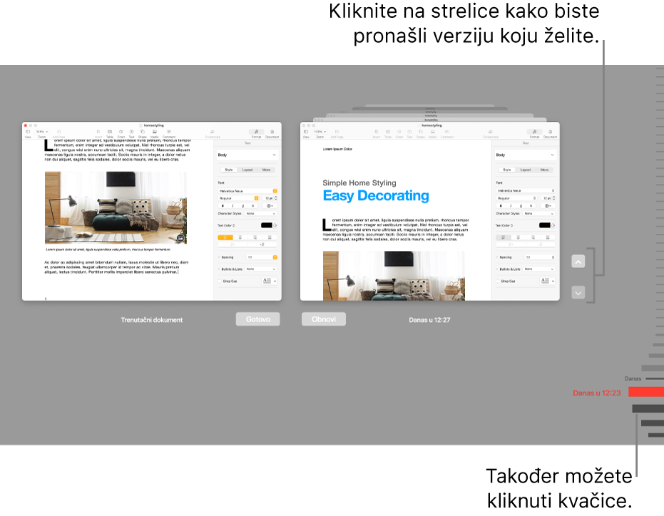 Vremenska traka verzija prikazuje trenutni dokument s lijeve strane i nedavnu verziju s desne.