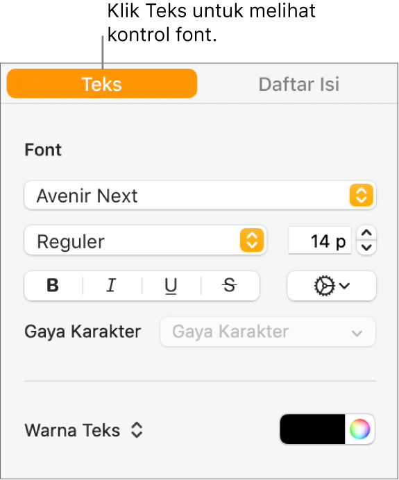 Bar samping Format dengan tab Teks dipilih dan kontrol font untuk mengubah font, ukuran font, serta menambahkan gaya karakter.