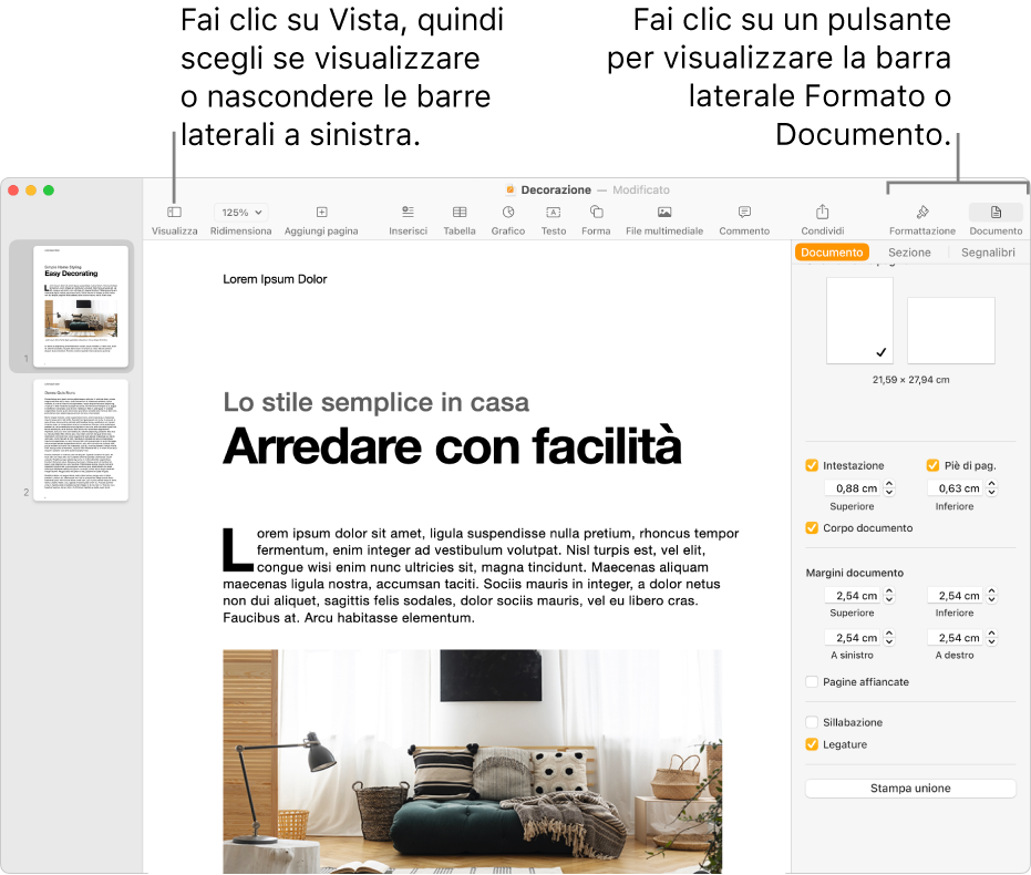 La finestra di Pages con le didascalie nel pulsante menu Vista e nei pulsanti Formato e Documento nella barra degli strumenti. Le barre laterali sono aperte a sinistra e destra.