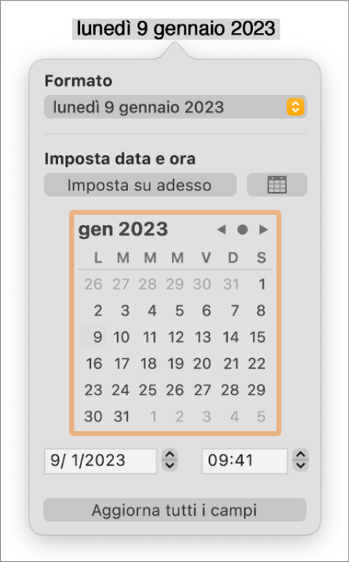 I controlli “Data e ora” che includono un menu a comparsa per il formato e i controlli di data e ora.