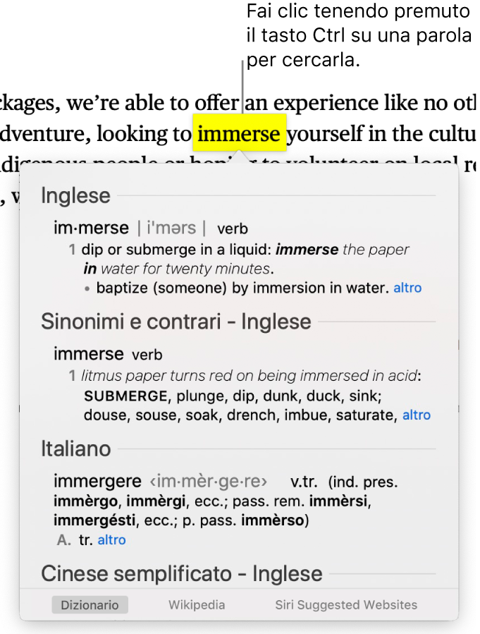 Un paragrafo con una parola evidenziata e una finestra che mostra la definizione insieme a una voce dei sinonimi e contrari Pulsanti nella parte inferiore della finestra forniscono i link al dizionario, a Wikipedia e ai siti web suggeriti da Siri.